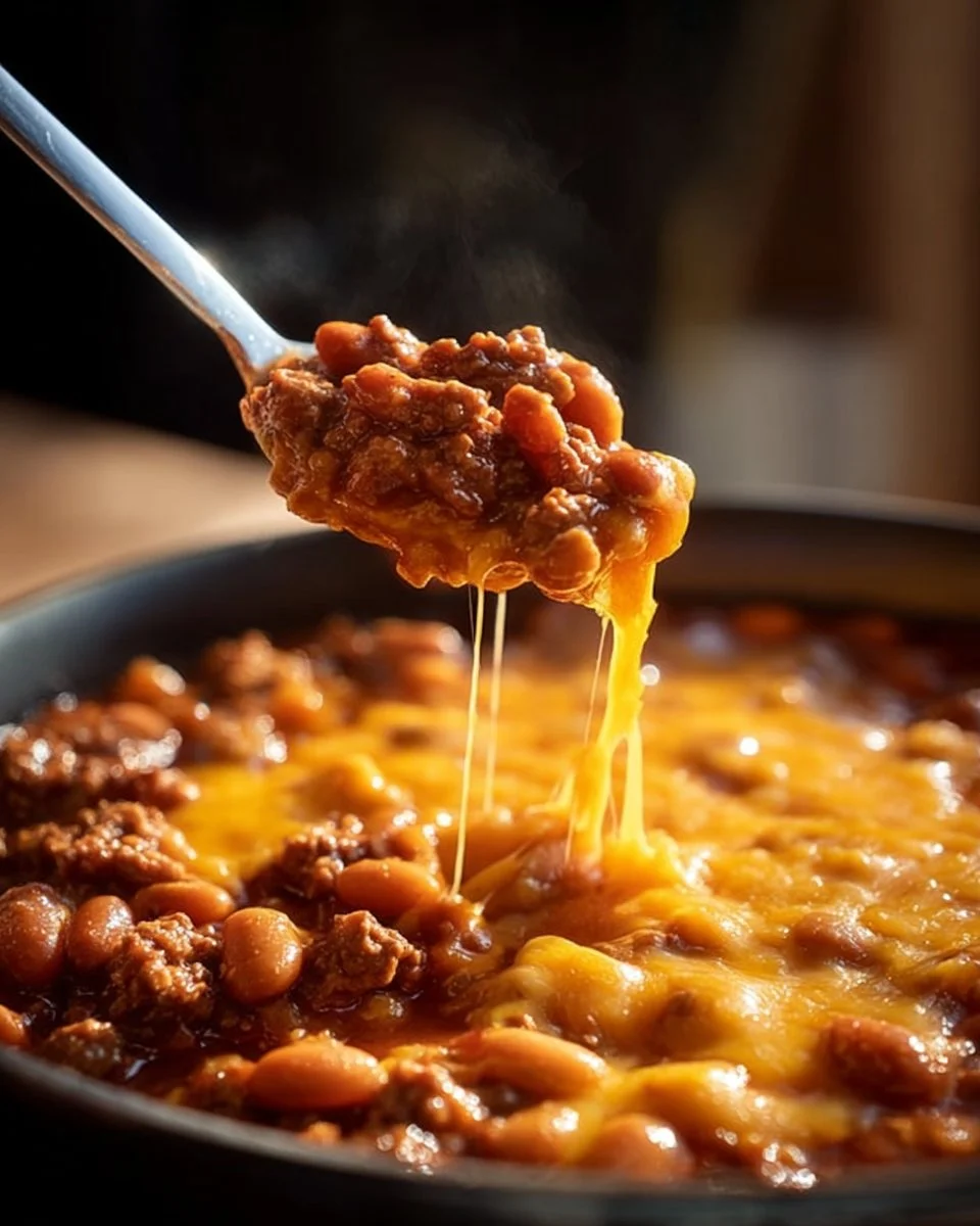Delicious baked beans casserole with ground beef ready to serve
