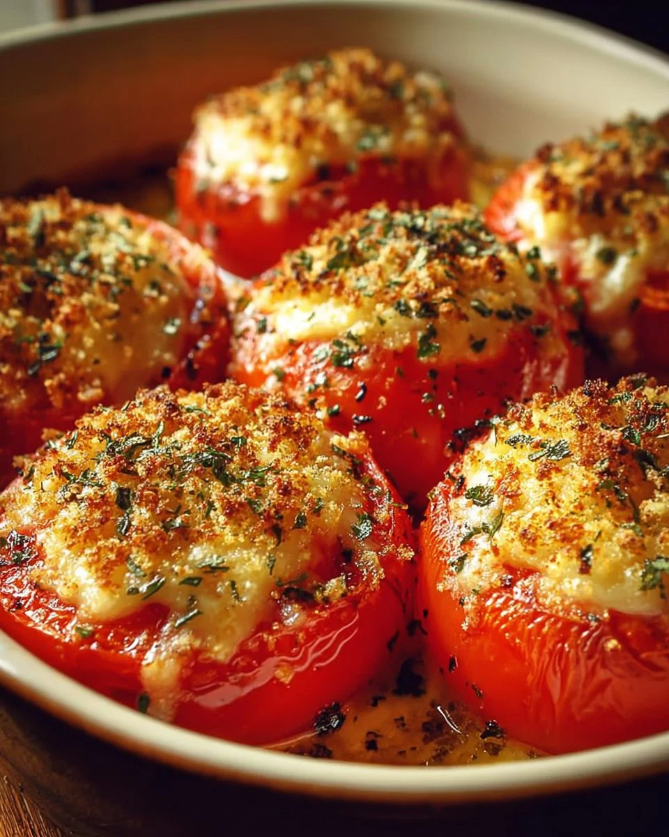 Baked Parmesan tomatoes topped with melted cheese and herbs