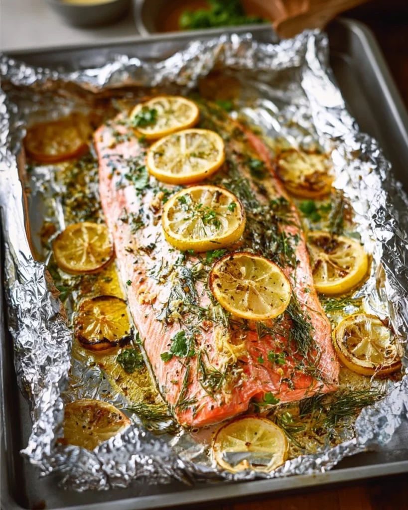 Baked salmon with dill and lemon on a plate, garnished with fresh herbs.