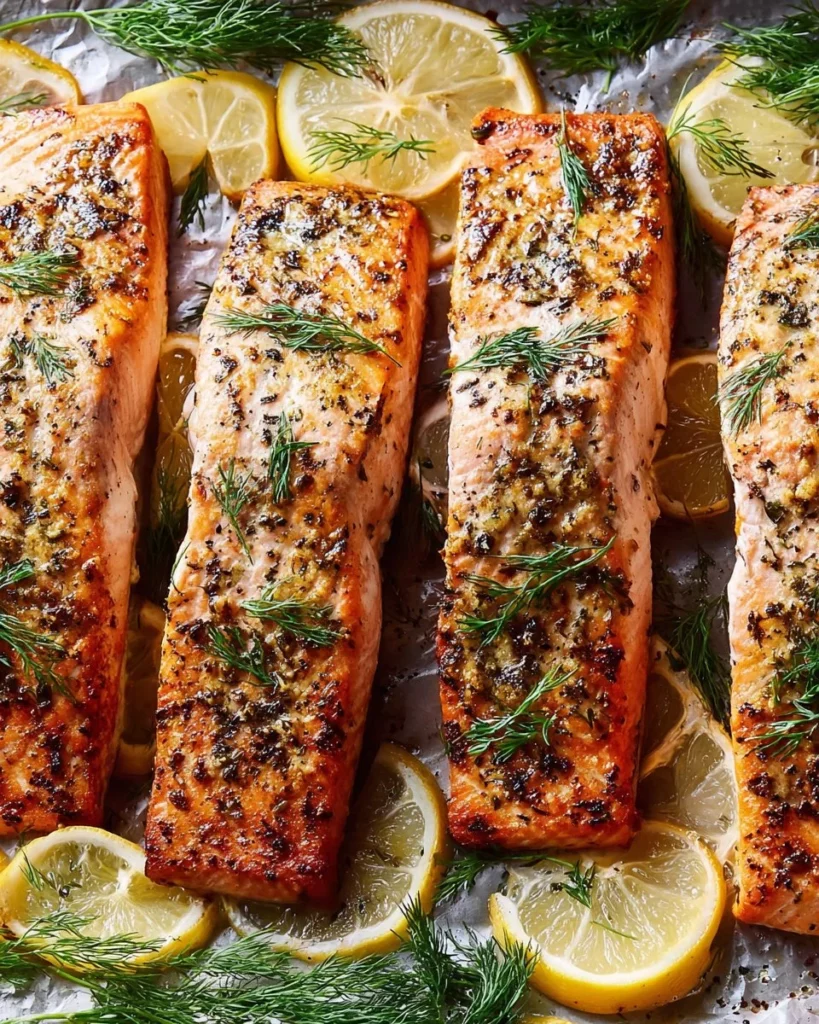 Baked salmon with lemon and dill served on a plate.