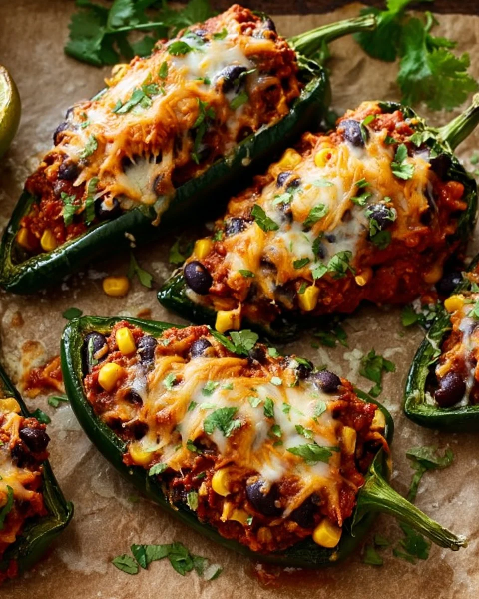 Baked stuffed poblano peppers filled with savory ingredients