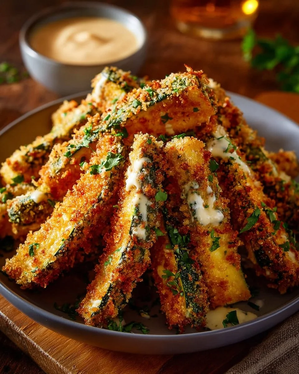 Crispy baked zucchini fries served on a plate with dipping sauce.