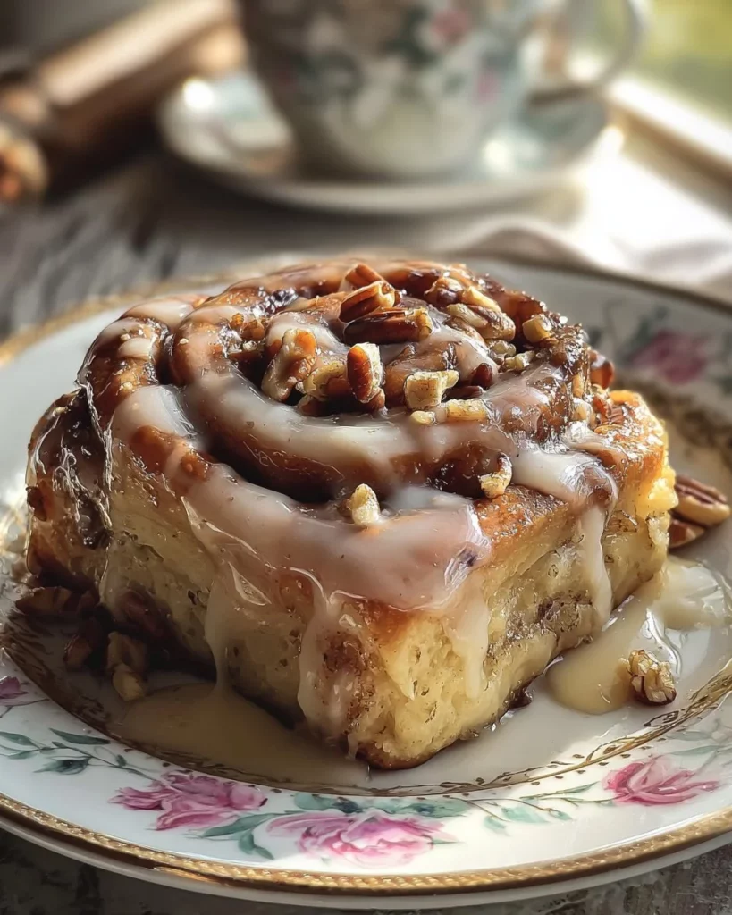 Freshly baked banana bread cinnamon rolls topped with icing.