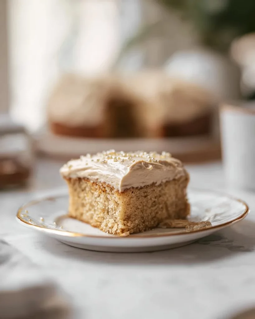 Delicious banana cake with coffee cream cheese frosting on a white plate