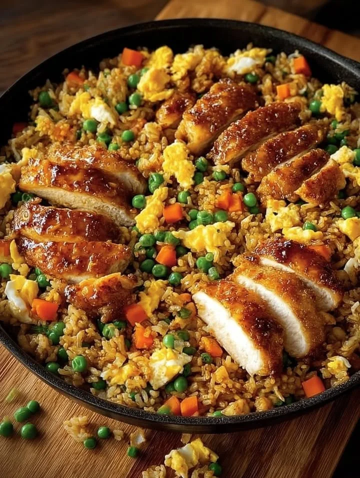 Plate of Bang Bang Chicken Fried Rice garnished with vegetables
