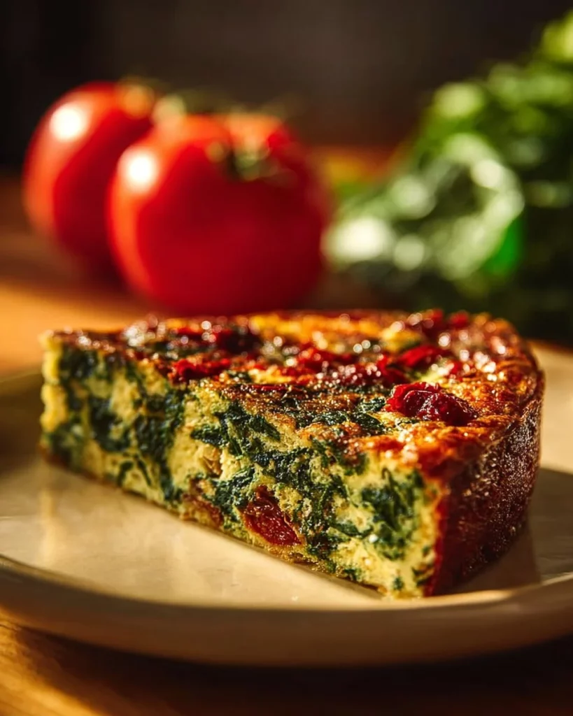 Delicious crustless spinach, onion, and feta quiche in a baking dish