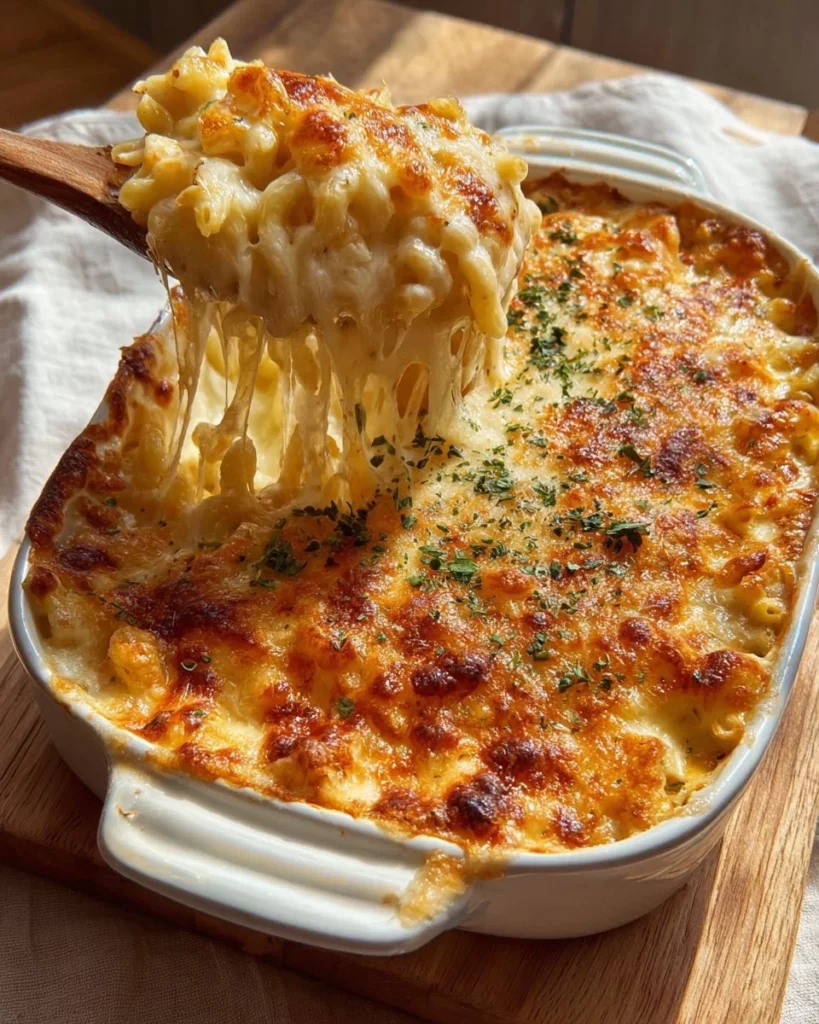 Delicious three-cheese macaroni cheese topped with golden breadcrumbs