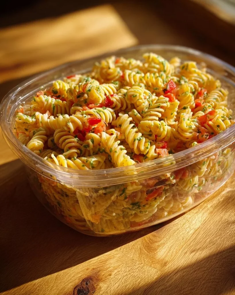 Delicious bowl of best macaroni salad garnished with herbs