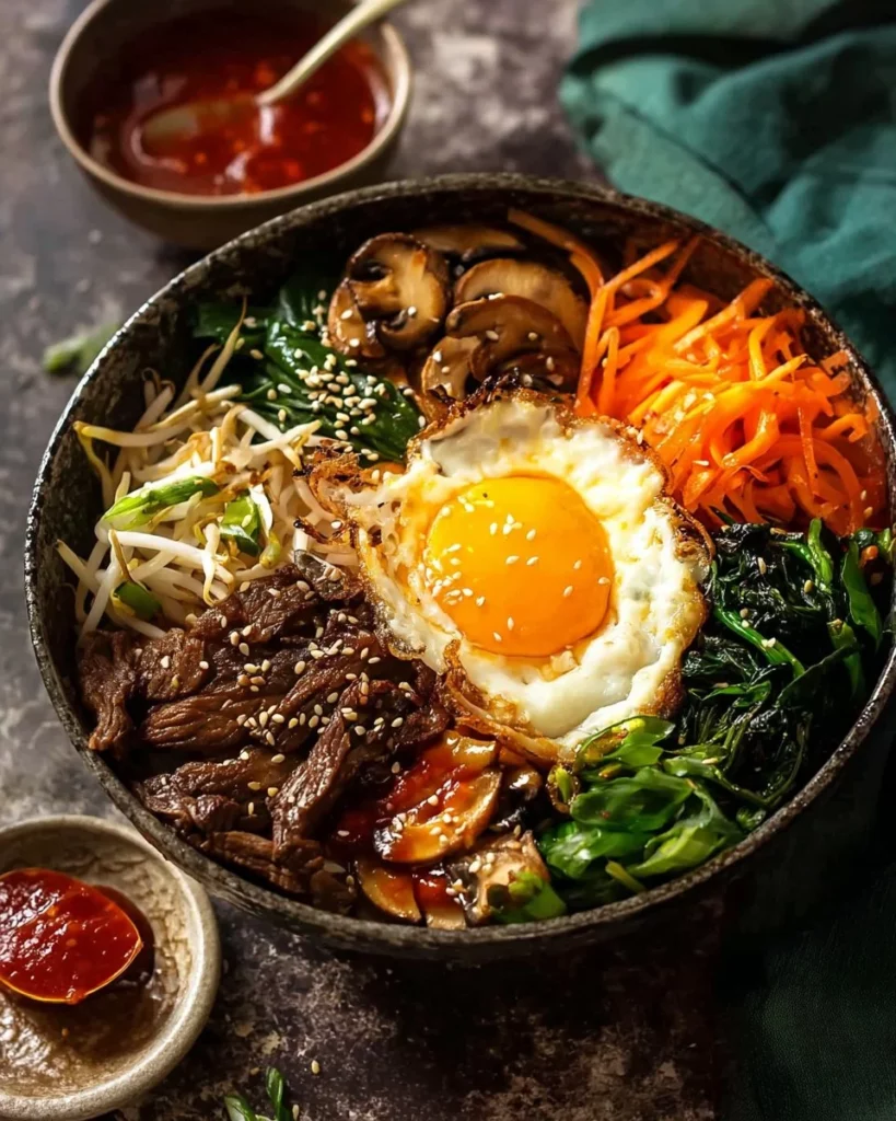 A colorful bowl of bibimbap with vegetables, rice, and an egg on top.