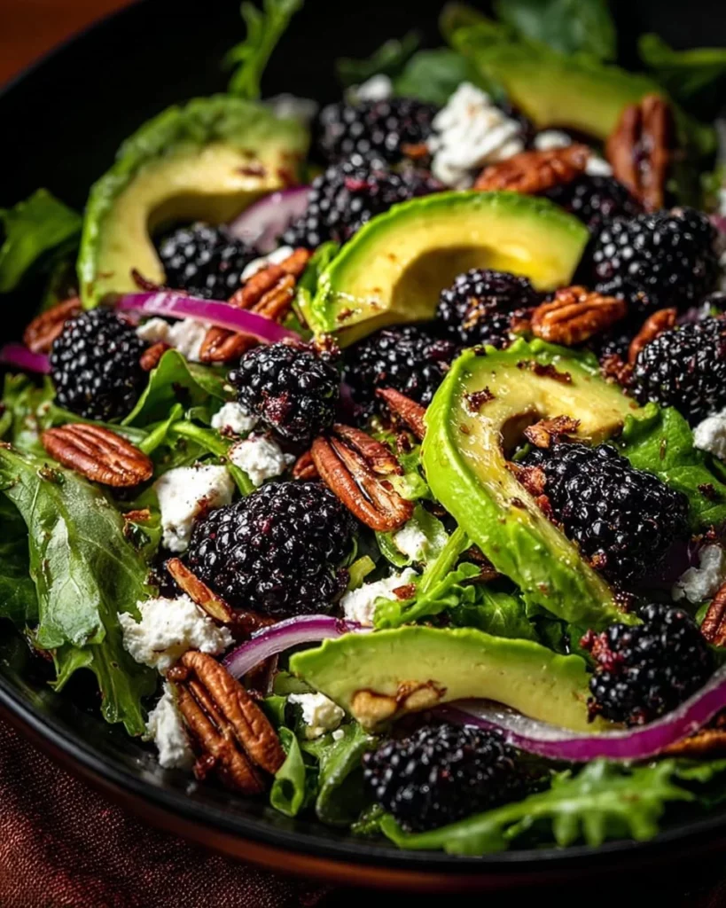 Blackberry and Avocado Salad topped with honey lemon vinaigrette dressing