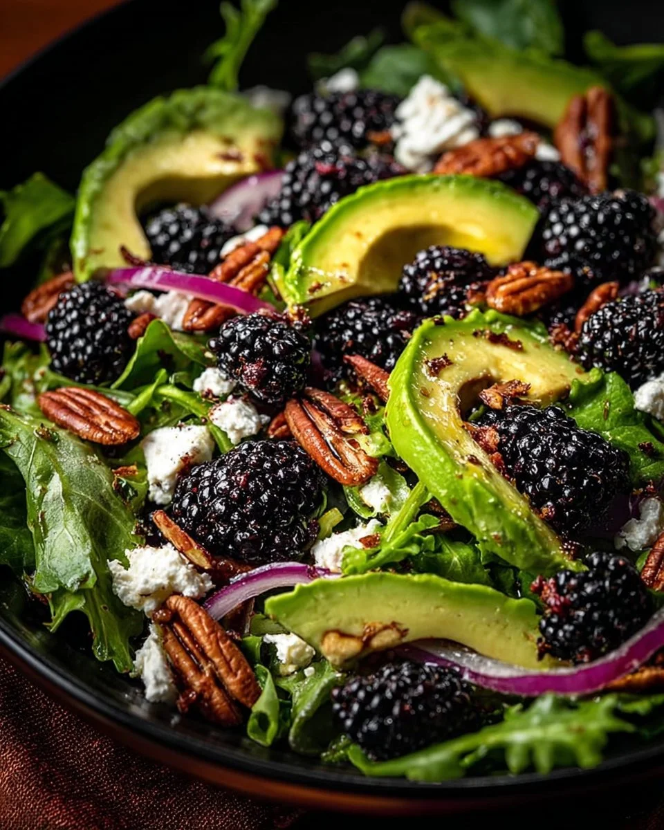 Blackberry and Avocado Salad topped with honey lemon vinaigrette dressing