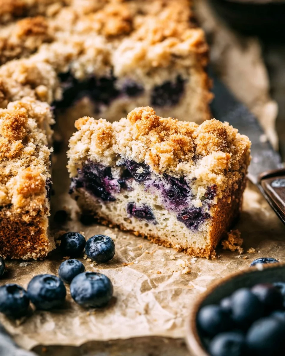 Delicious homemade blueberry coffee cake topped with fresh blueberries.