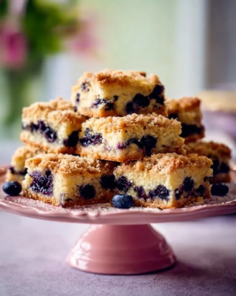 Homemade blueberry crumb cake with a golden topping and fresh blueberries
