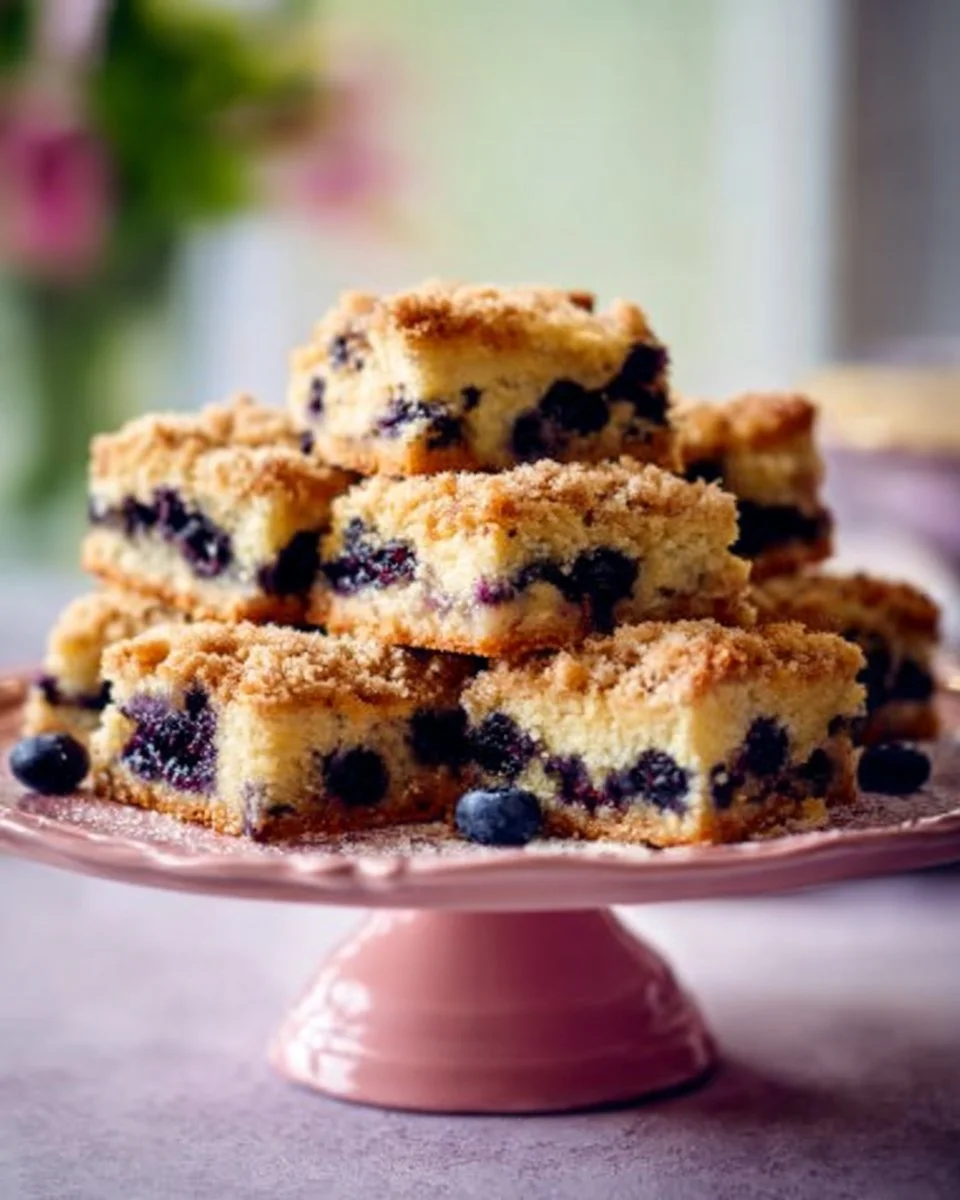 Homemade blueberry crumb cake with a golden topping and fresh blueberries