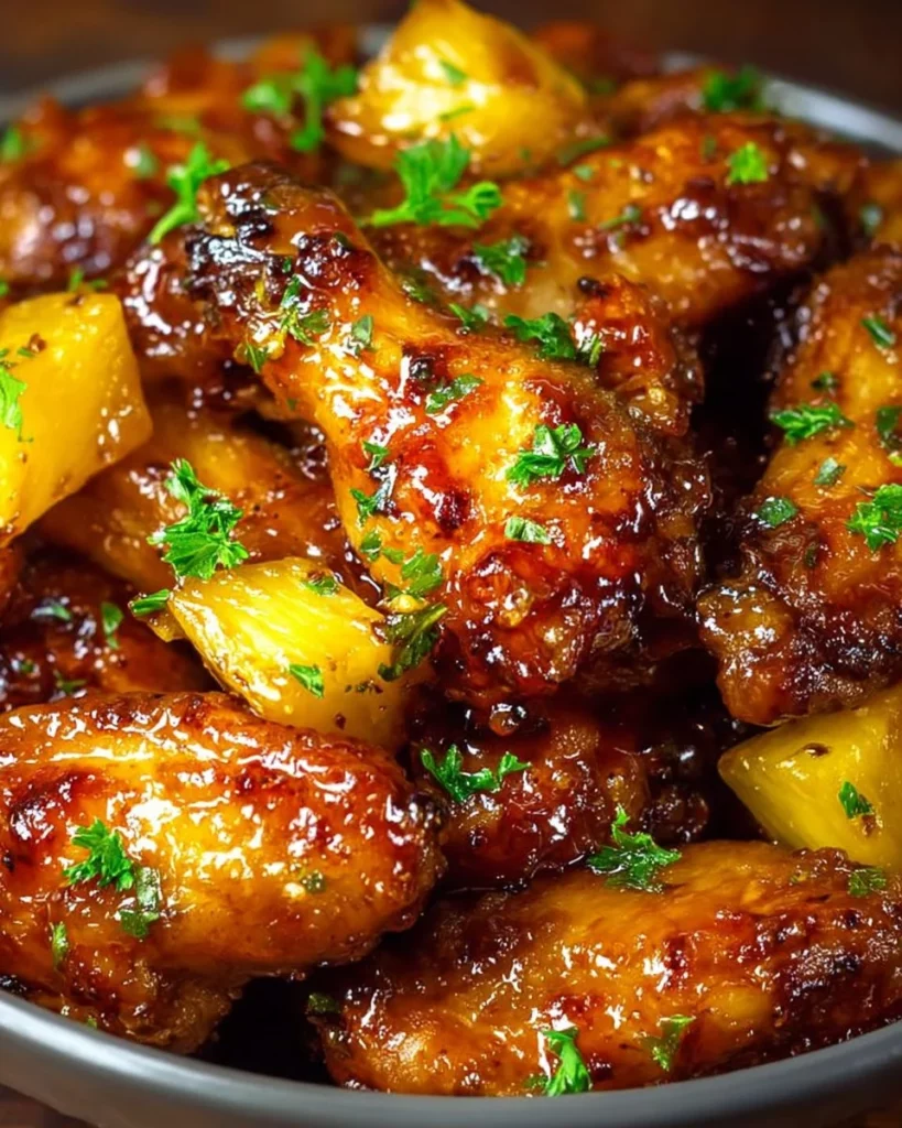Delicious Brown Sugar Pineapple Wings glazed with sweet sauce