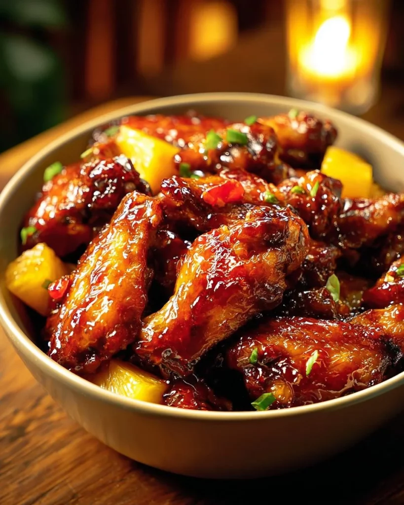 Brown sugar pineapple wings chicken served on a platter