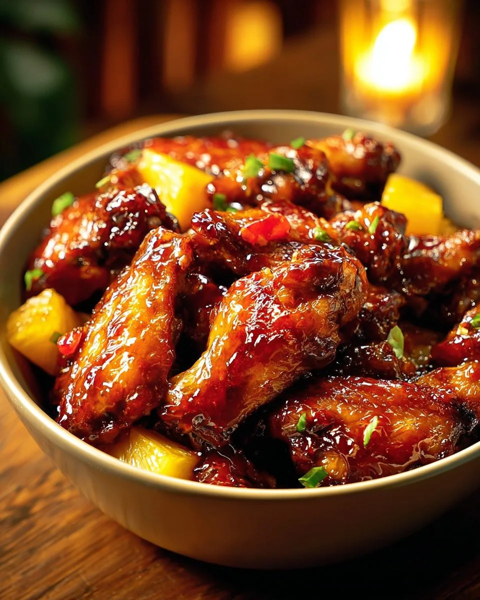 Brown sugar pineapple wings chicken served on a platter