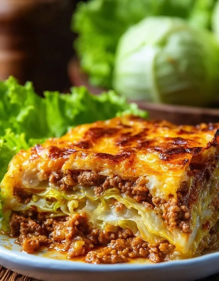 Delicious cabbage roll casserole baked with savory filling and cheese.