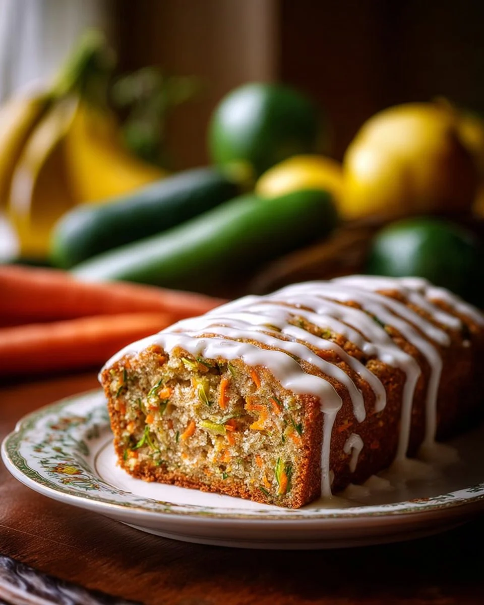 Delicious carrot apple zucchini bread served on a wooden board.