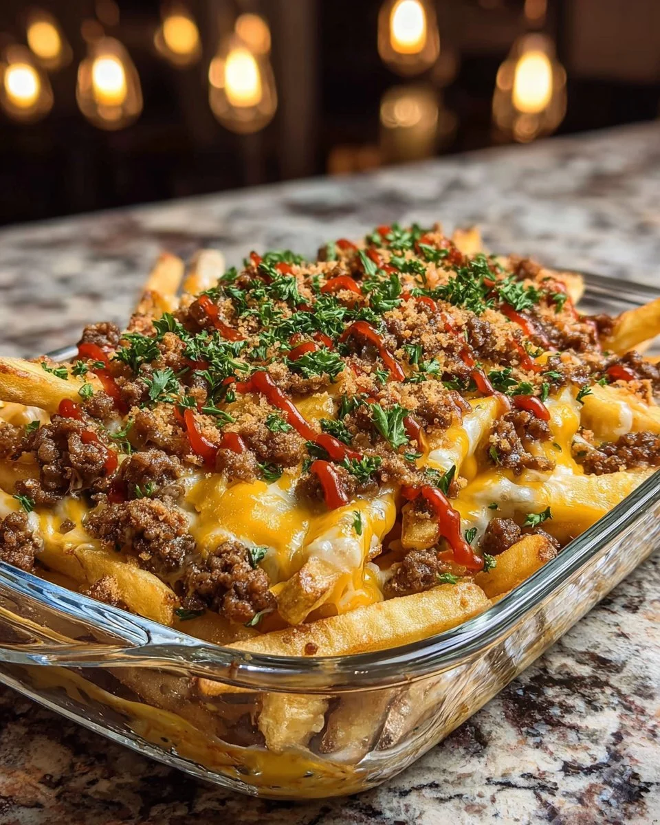 Cheeseburger French Fry Casserole topped with golden fries and melted cheese