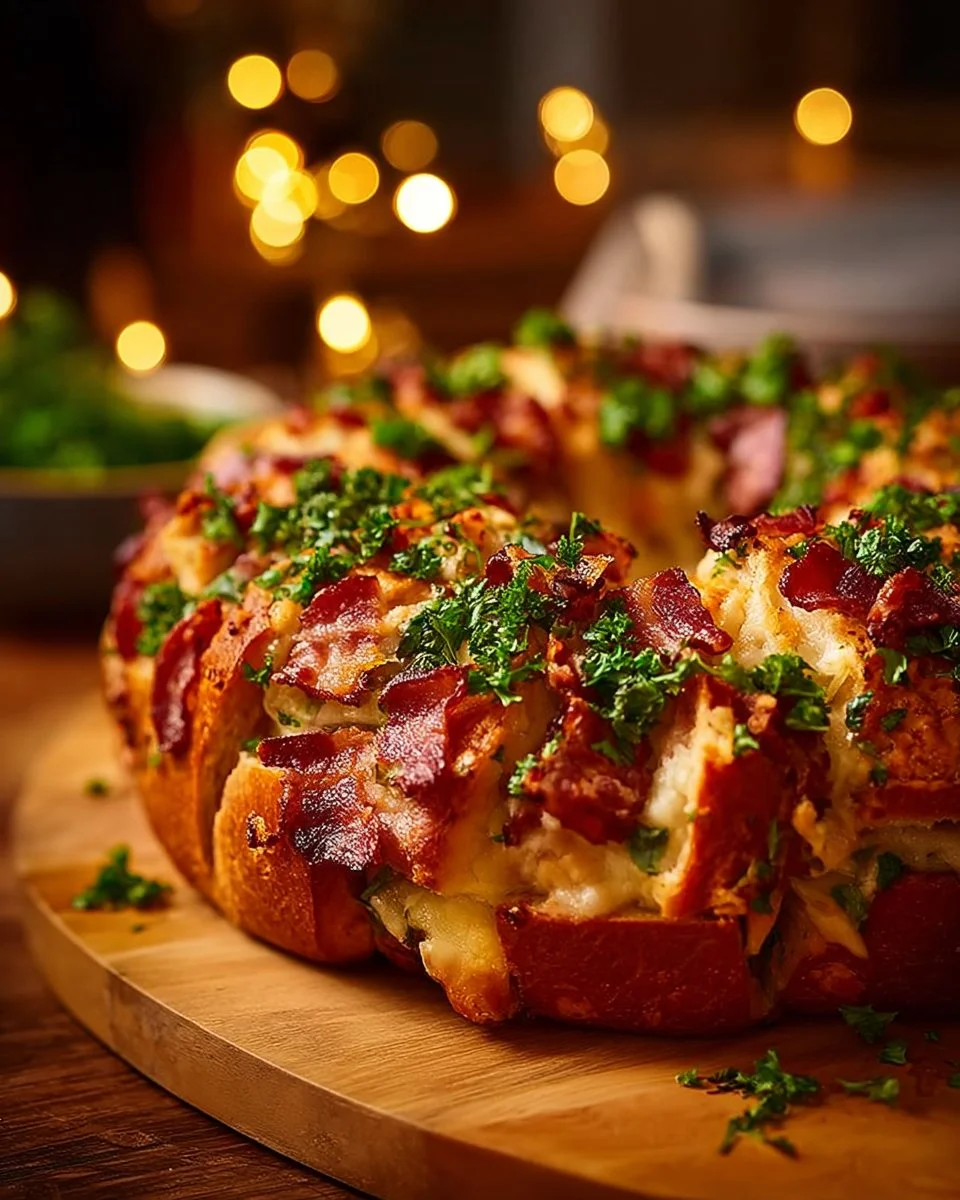 Cheesy Bacon Stuffed Garlic Bread Wreath on a wooden table