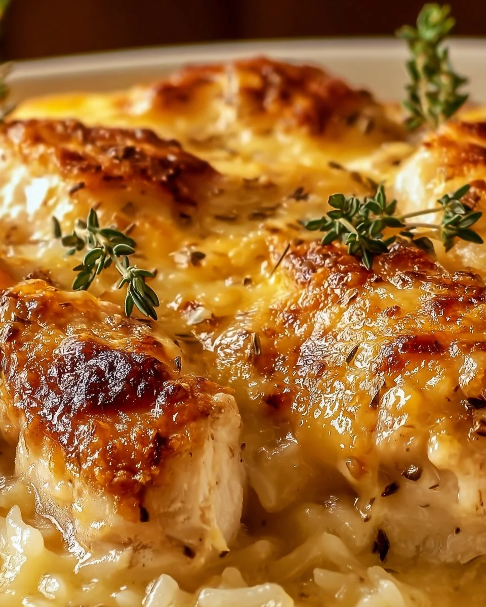 Delicious cheesy chicken rice casserole in a baking dish