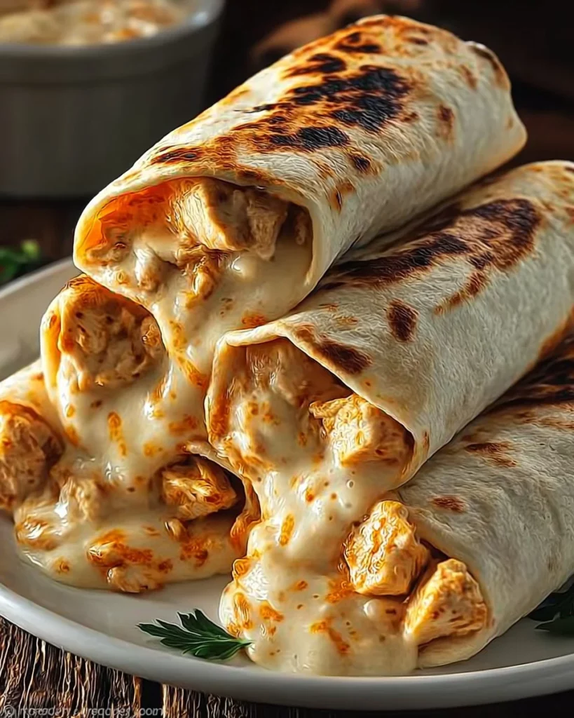 Delicious cheesy chicken garlic wraps served on a plate