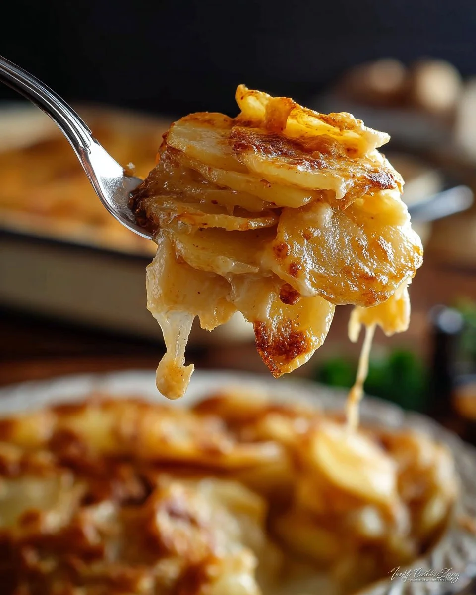 Delicious Cheesy Garlic Scalloped Potatoes served in a baking dish