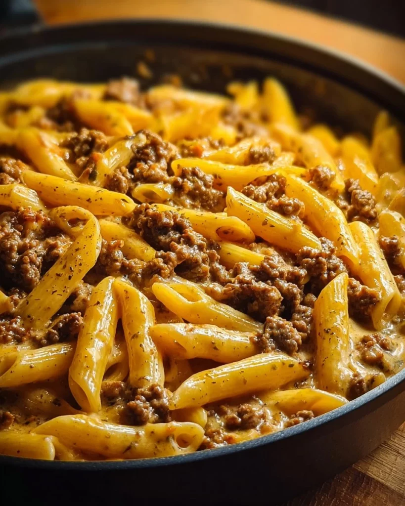 Delicious cheesy hamburger pasta dish served in a bowl