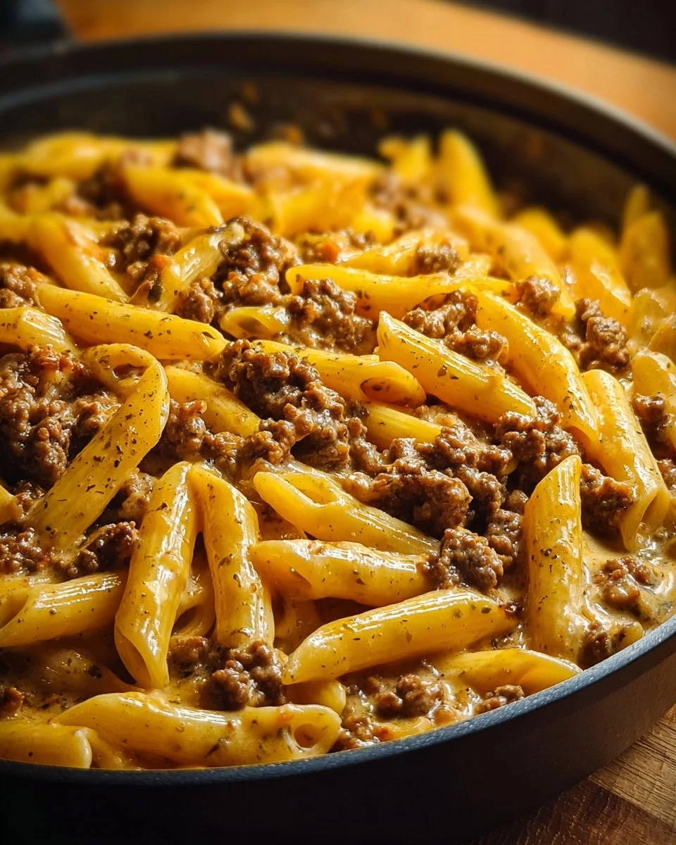 Delicious cheesy hamburger pasta dish served in a bowl