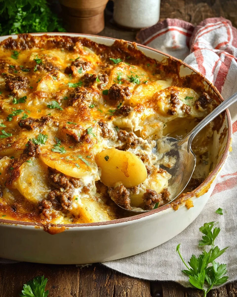 Cheesy hamburger potato casserole served in a baking dish