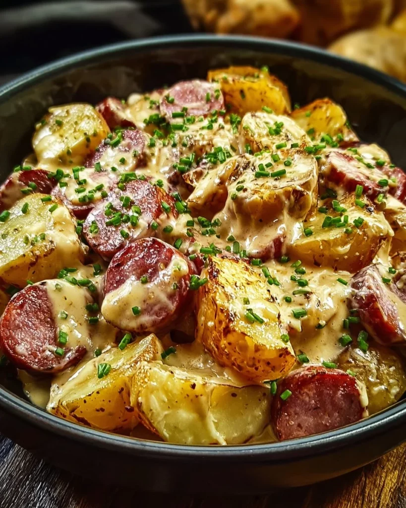 Cheesy ranch potatoes with smoked sausage, a delicious comfort food dish.