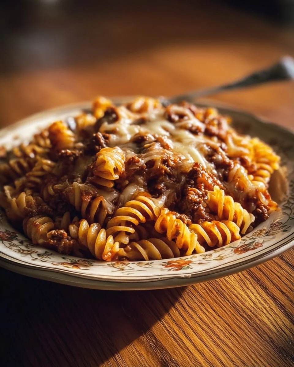 Cheesy Sloppy Cheeseburger Pasta Delight in a bowl garnished with herbs