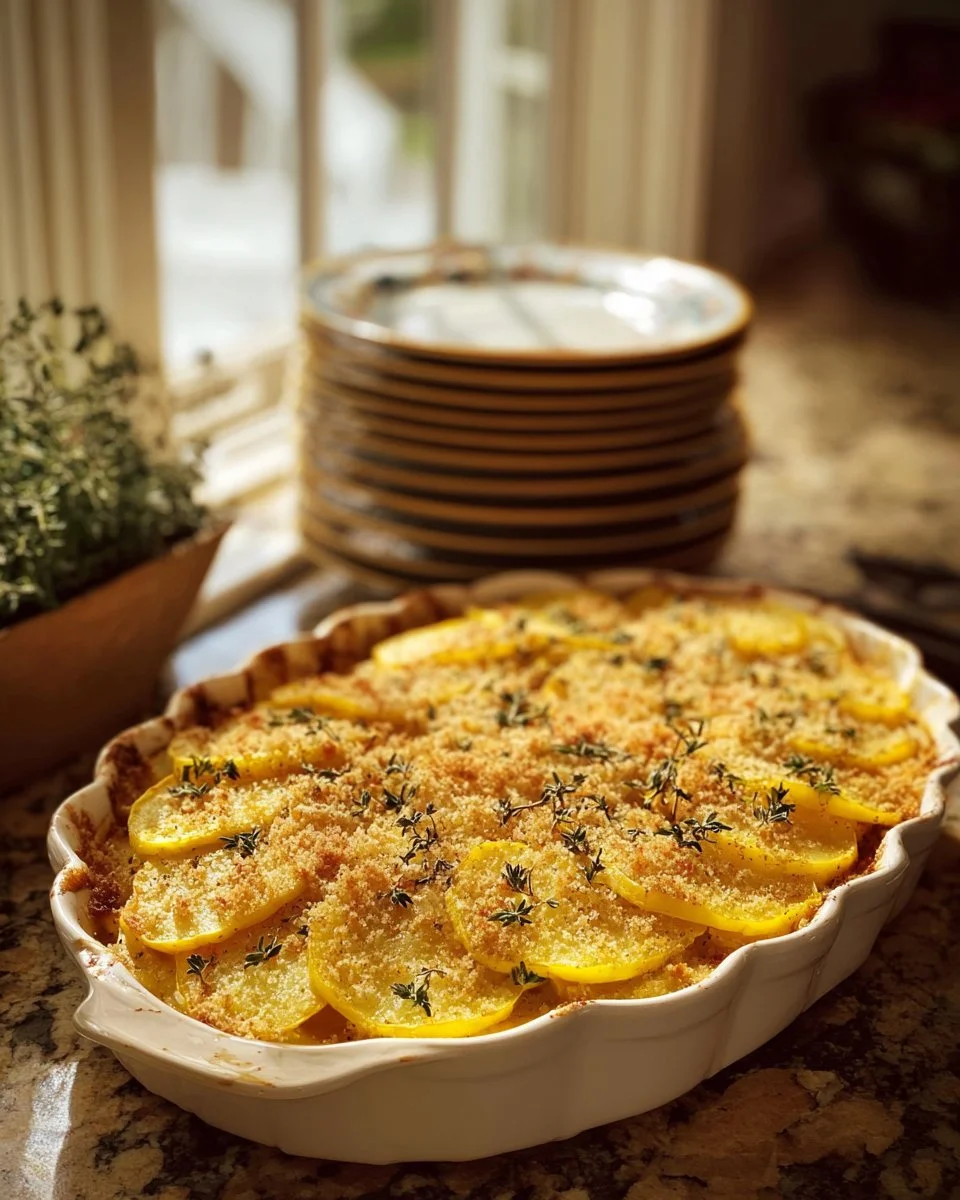 Cheesy Squash Casserole served in a dish, garnished with herbs
