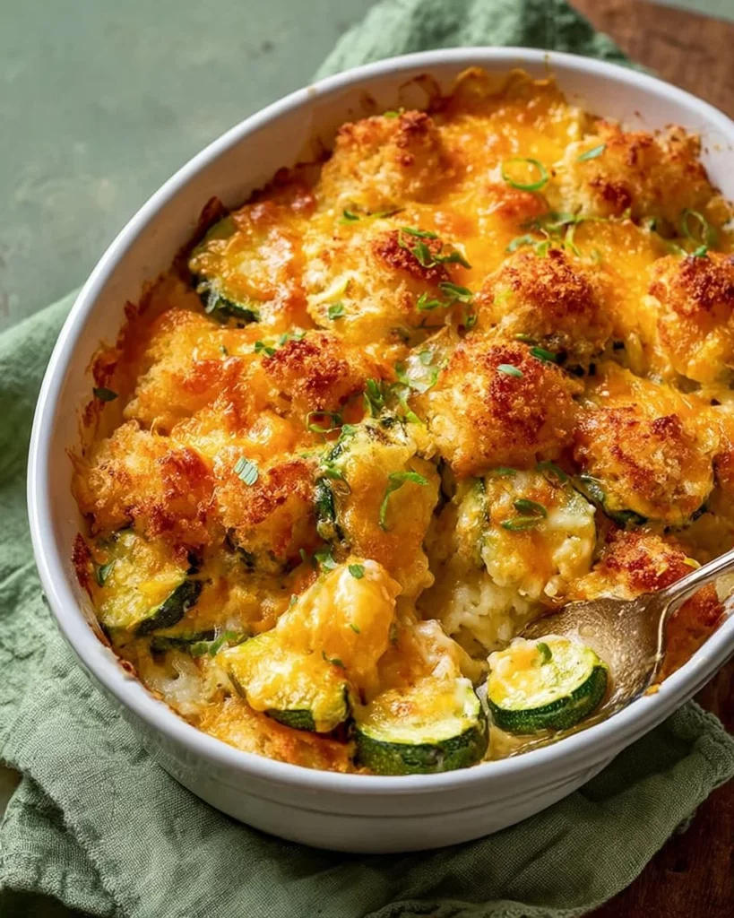 Cheesy zucchini casserole baked to perfection with melted cheese topping
