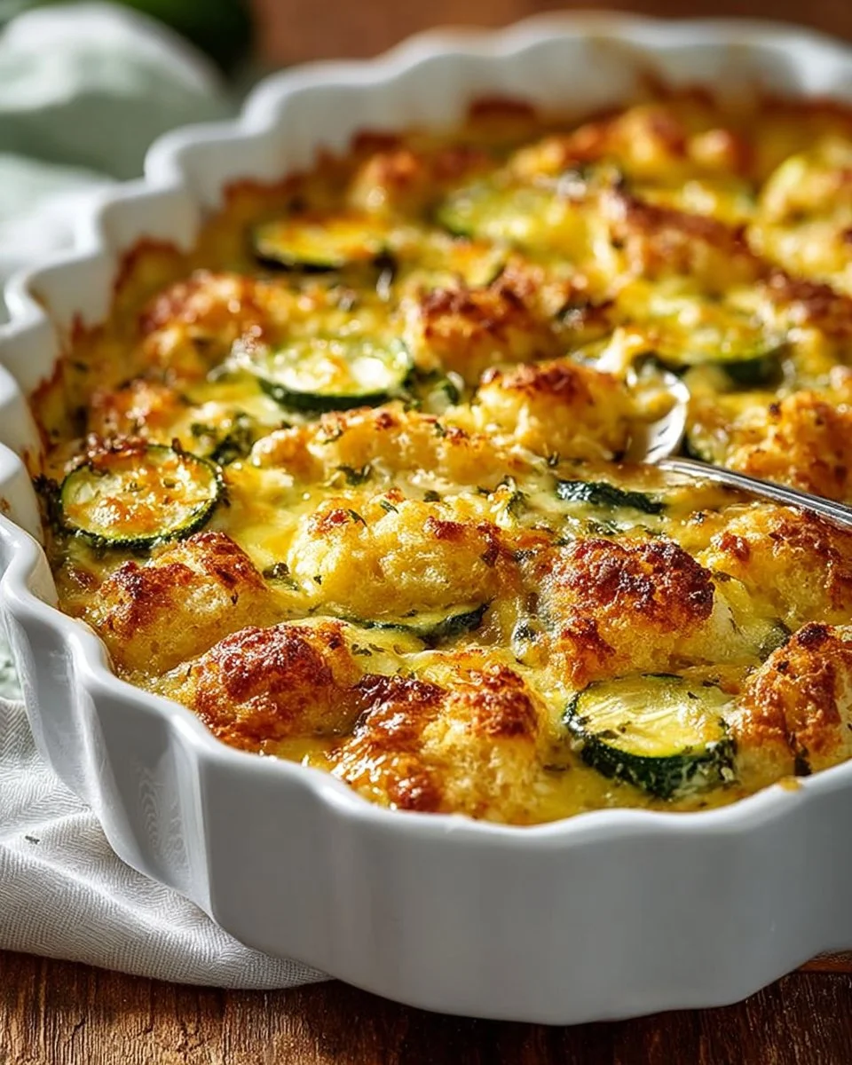 Delicious cheesy zucchini casserole served in a baking dish