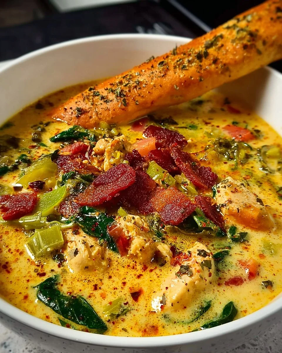 Bowl of creamy Chicken Gnocchi Soup with vegetables and herbs