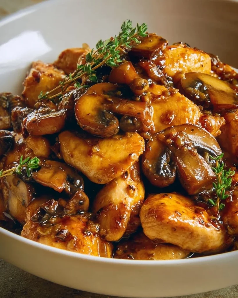 Chicken breast and mushroom stir-fry dish, showcasing vibrant colors and fresh ingredients