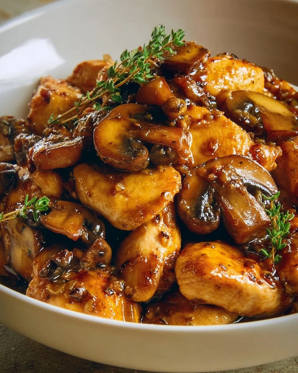 Chicken breast and mushroom stir-fry dish, showcasing vibrant colors and fresh ingredients