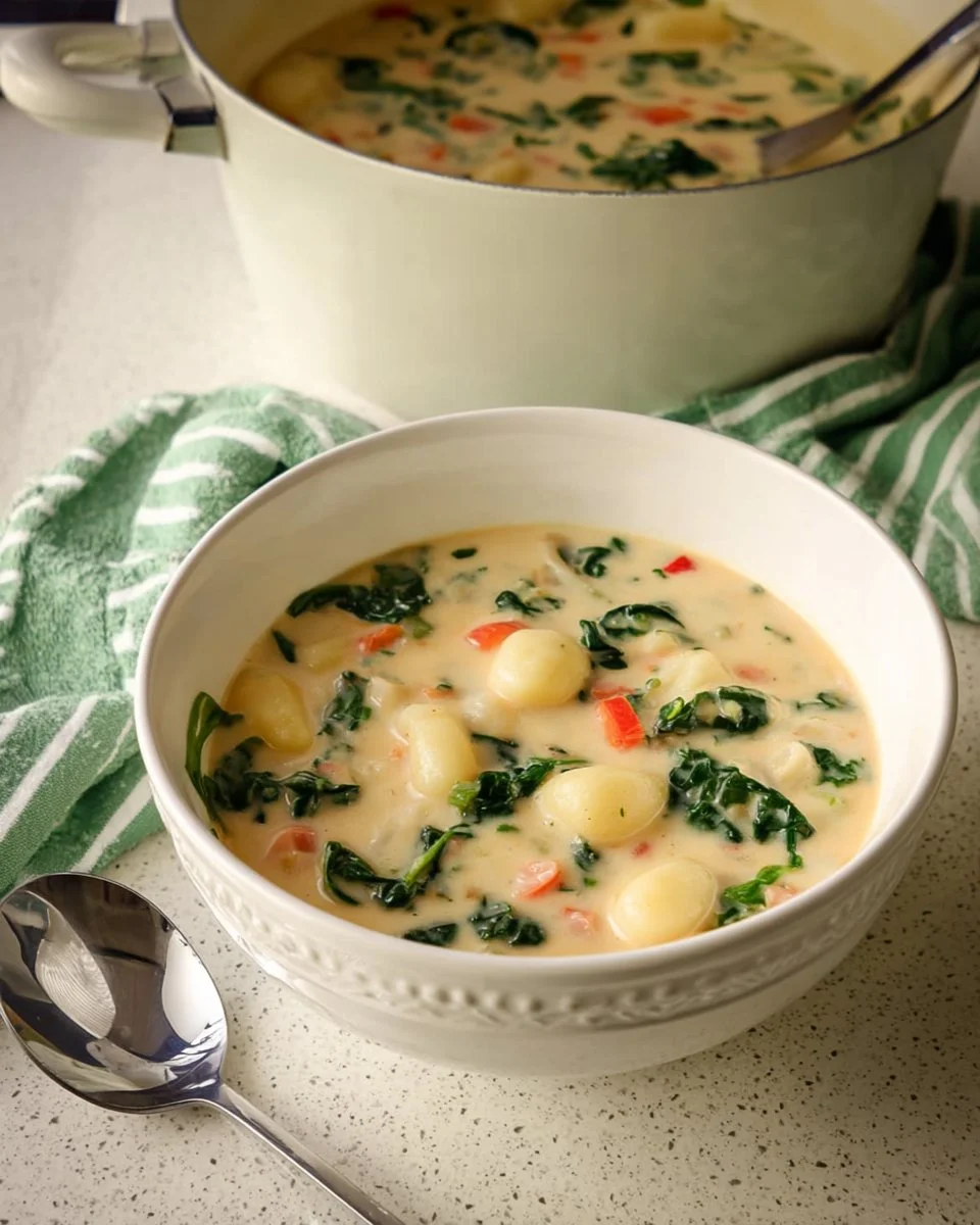 Bowl of creamy Chicken Gnocchi Soup garnished with herbs and vegetables