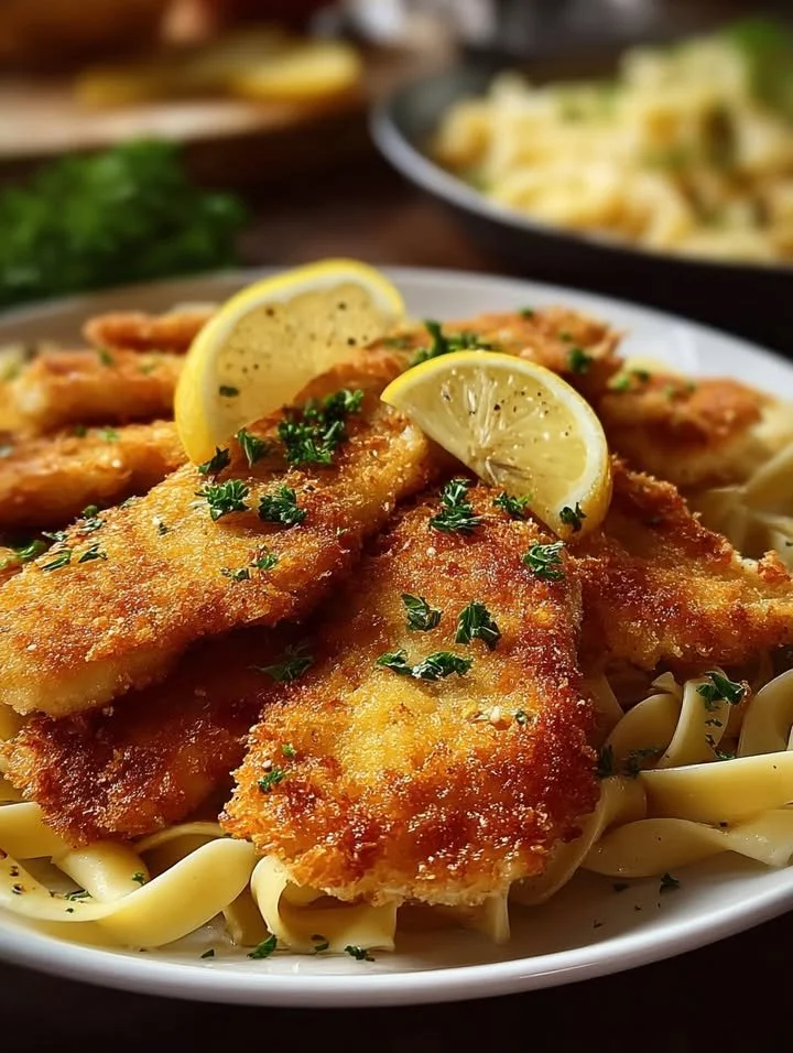 Deliciously crispy Chicken Schnitzel served with lemon wedges and salad