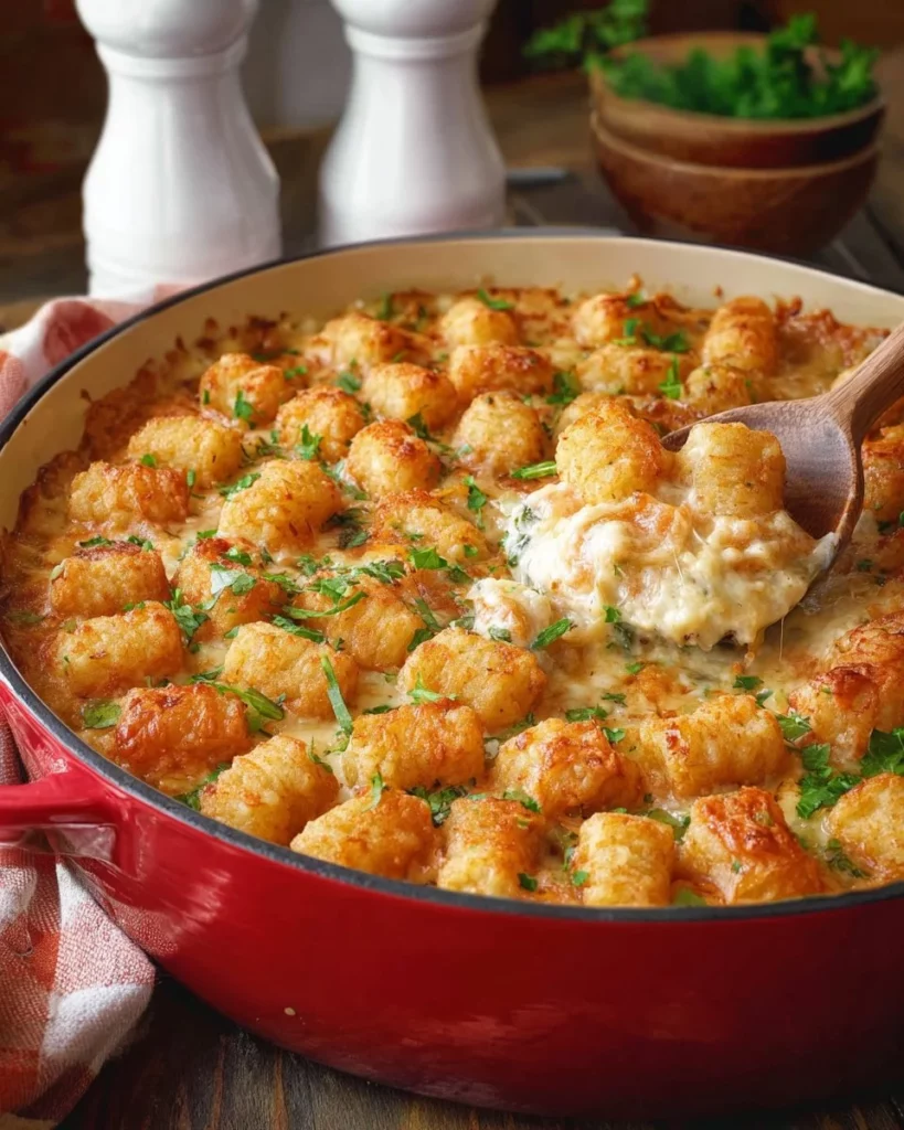 Delicious Chicken Tater Tot Casserole topped with crispy tater tots
