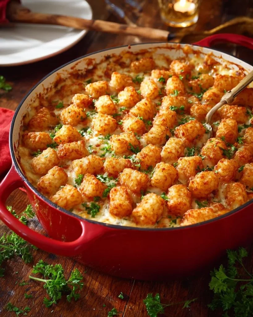 Delicious Chicken Tater Tot Casserole topped with golden tater tots