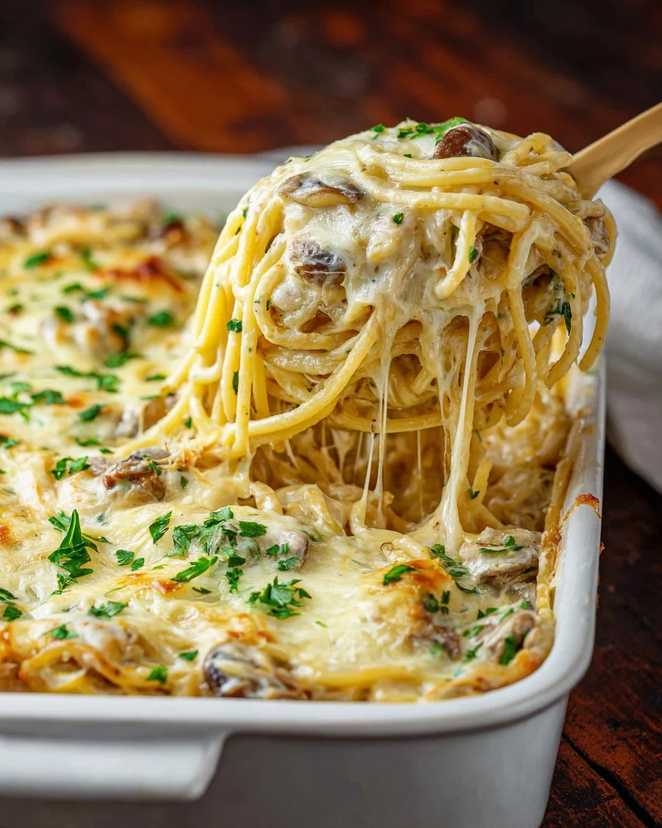 Creamy Chicken Tetrazzini casserole topped with herbs and cheese