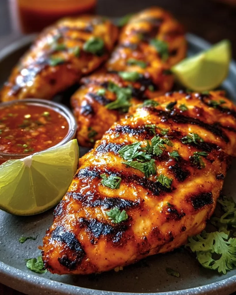 Plate of Chili Lime Chicken Strips garnished with lime and cilantro