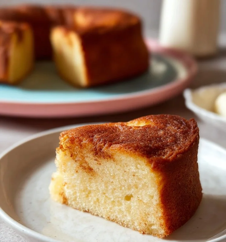 Delicious cinnamon yogurt cake without flour, topped with a dusting of cinnamon