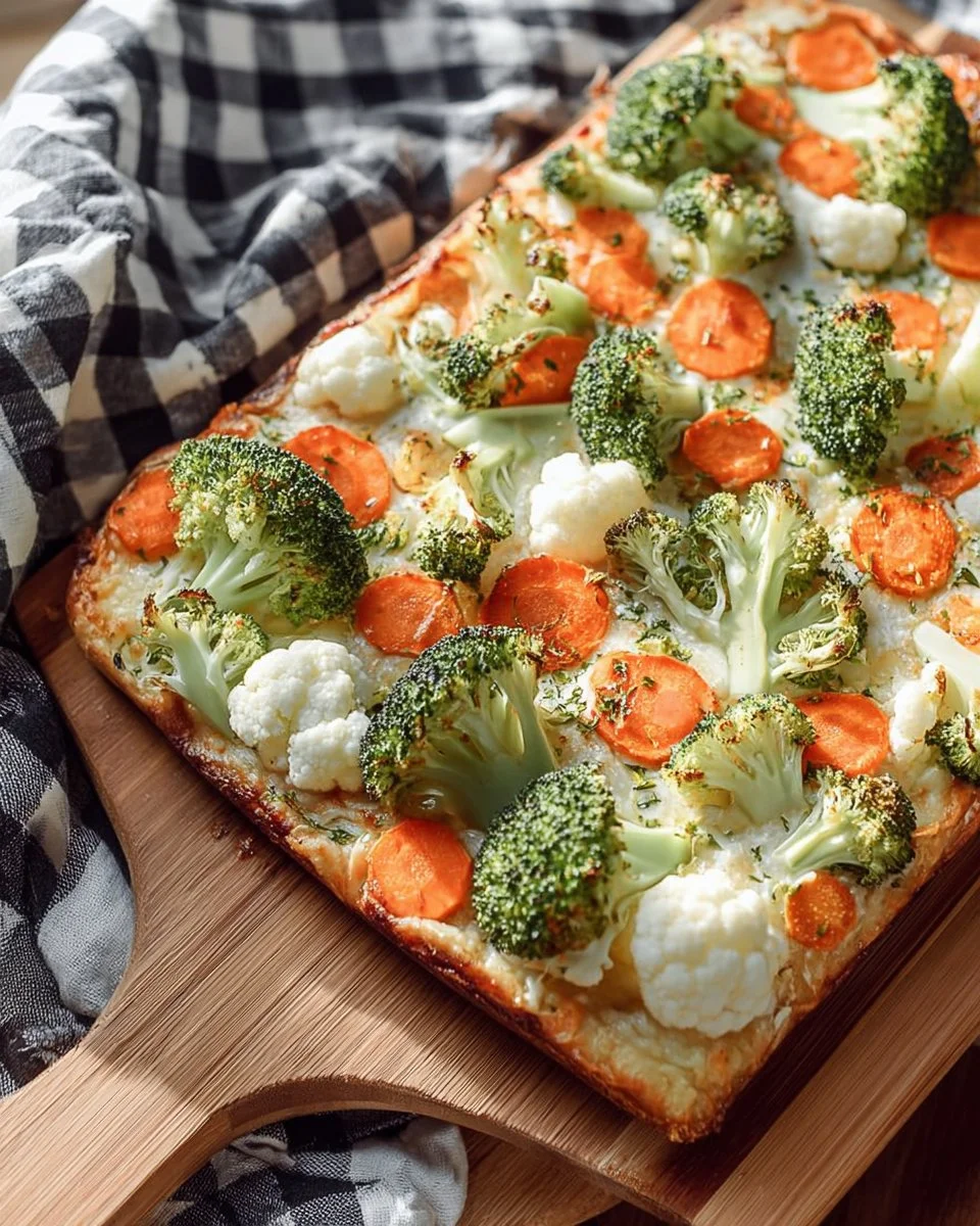 Delicious cold veggie pizza topped with fresh vegetables and herbs