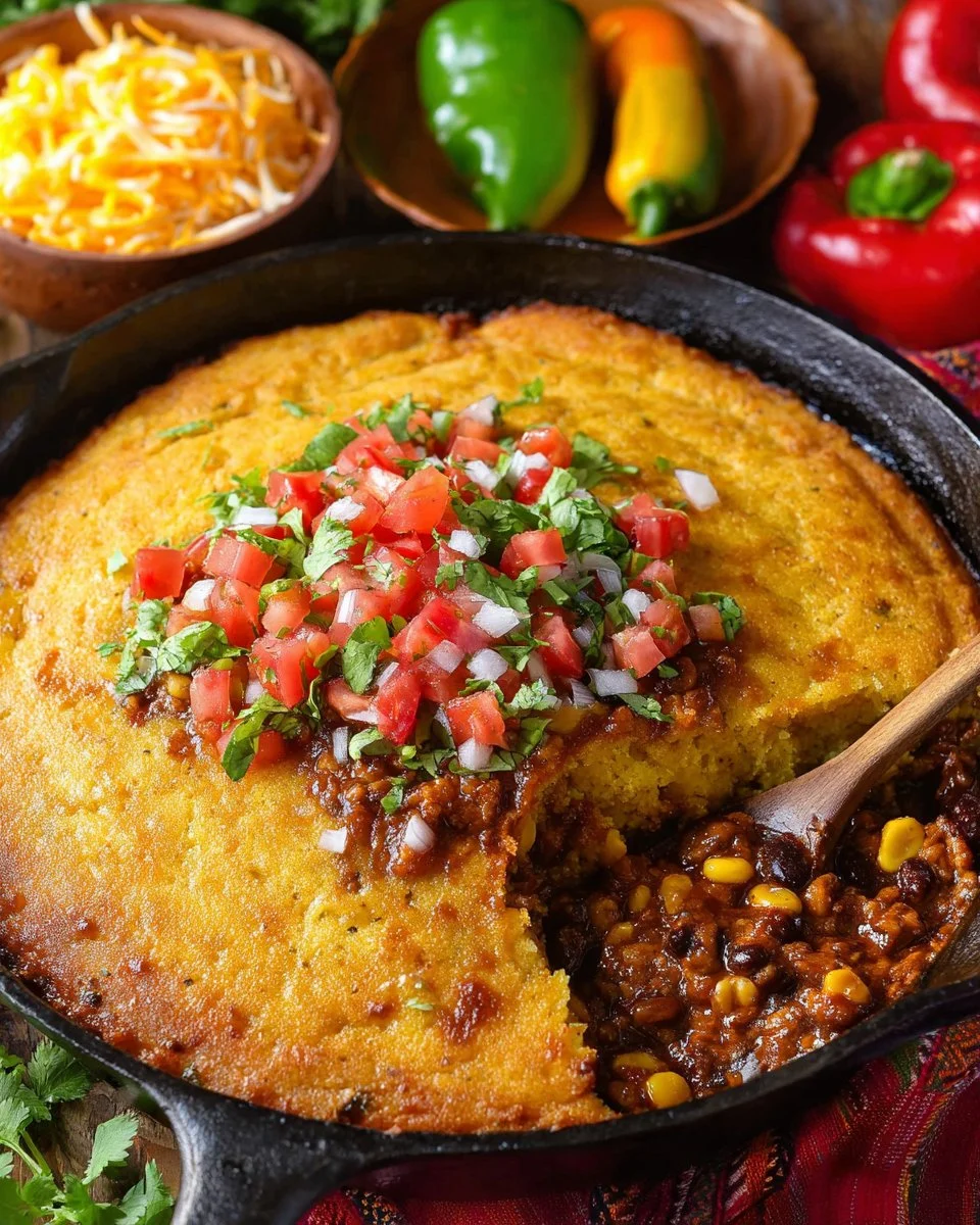 Delicious Cowboy Cornbread Casserole topped with cheese and served in a baking dish.