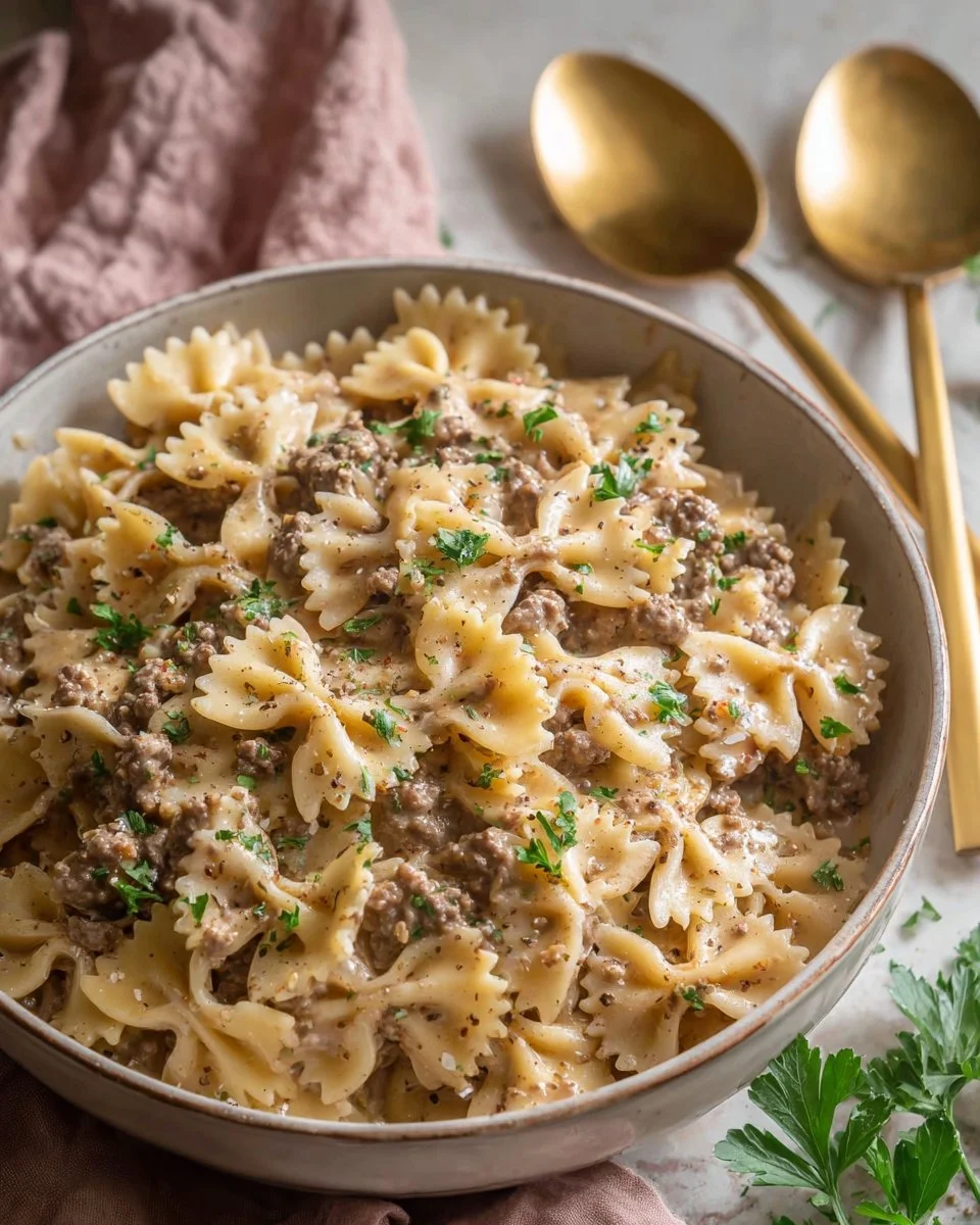 Plate of creamy beef bowtie pasta topped with herbs and cheese
