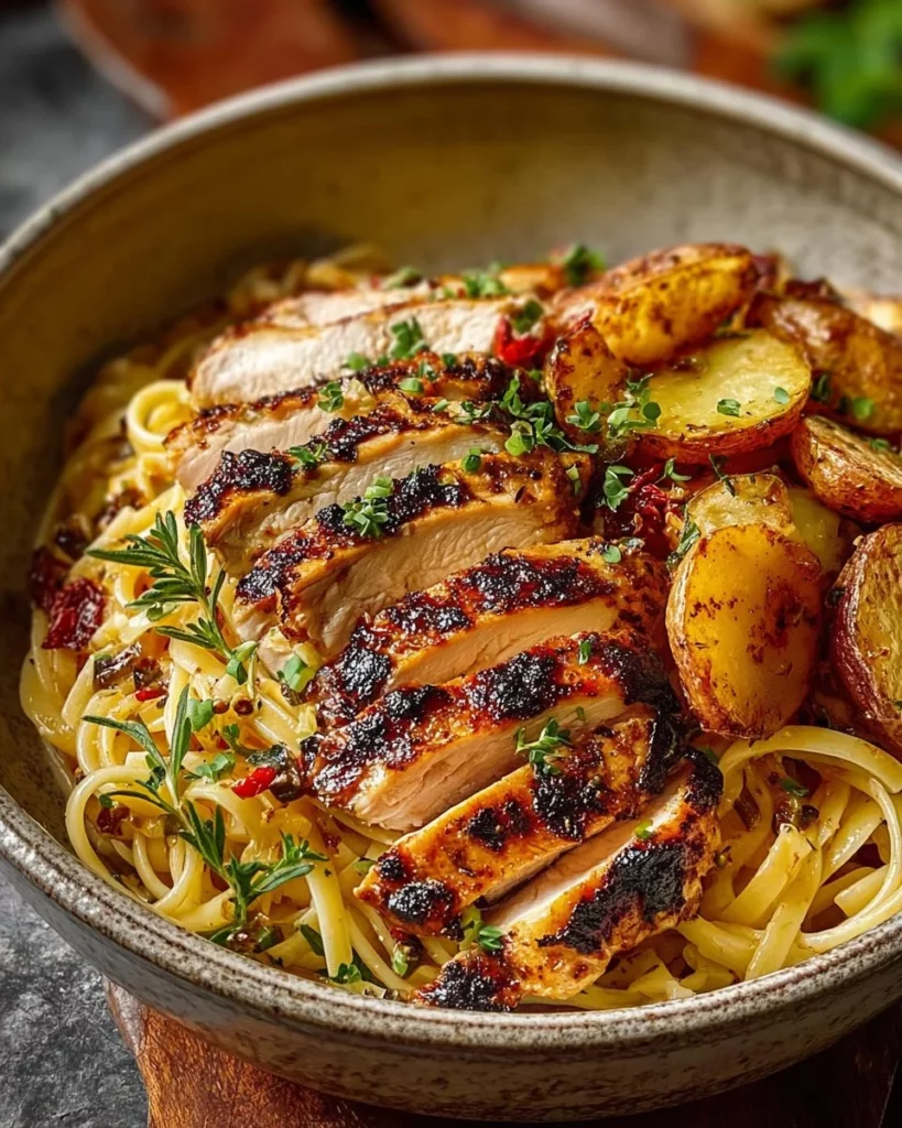 Creamy garlic herb chicken served in a crispy potato pasta bowl